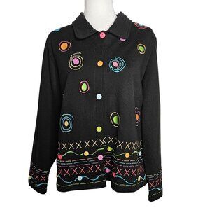 Onque Casuals Size XL Black Jacket Colorful Embroidery Knit Blazer Artsy Boho
